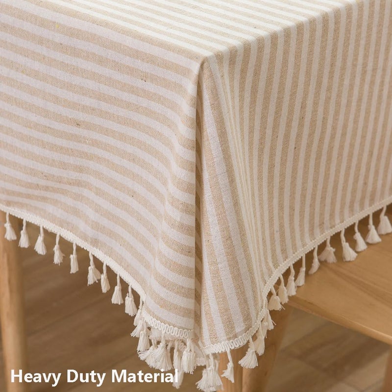 TruDelve Rectangular Tablecloth Beige Striped Cloth Tablecloths with Tassels Rustic Fall Table Cloth Rectangle Table Cover (Beige,70"x55",Rectangular) - Image 2
